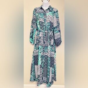 LOFT patchwork long sleeve midi dress, size small